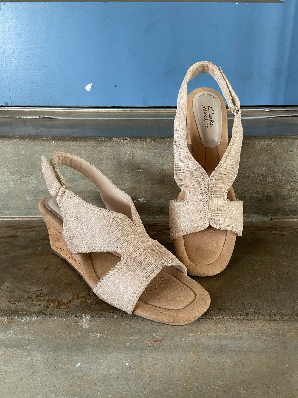 Clarks Kyarra Aster Sand Metallic slingback wedge sandal